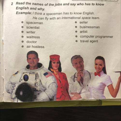 Read the names of the jobs and say who has to know English and why. Example:I think a spaceman has t