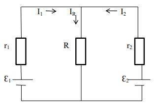 Визначити зовнішній опір R , силу струму І2 , що проходить через ε2, силу струму ІR , що проходить ч
