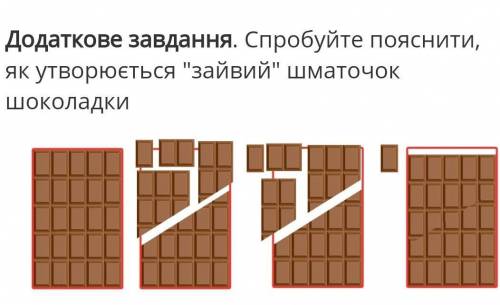 Спробуйте пояснити, як утворюється зайвий шматочок шоколадки Потрібно скласти програму в python ​