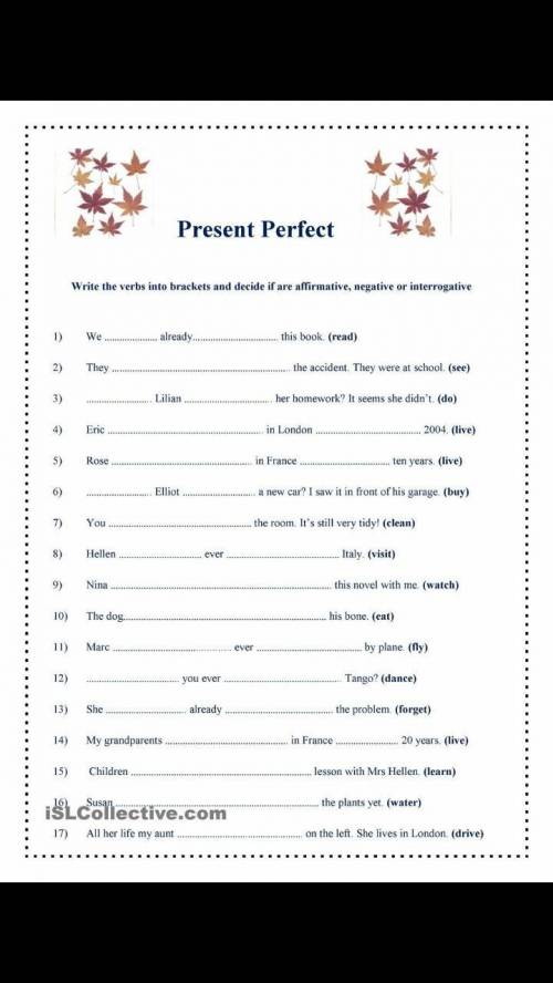 Write the verbs into brackers and decide if are affirmative, negative or interrogative