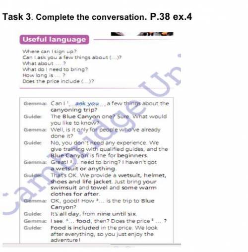 Task 3. Complete the conversation. P.38 ex.4