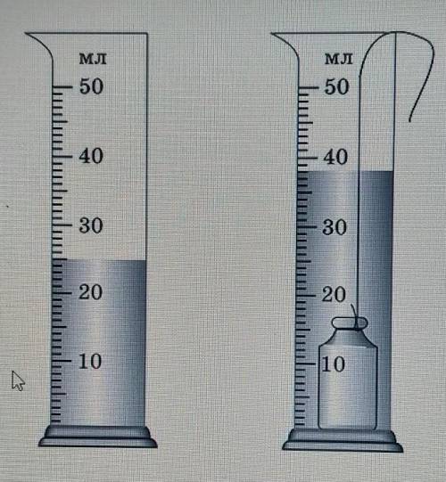 В измерительный цилиндр с водой опустили гирьку массой в 100 г. Рассчитай плотность вещества , из ко