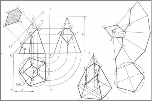 Построить три проектции пятиугольной пирамиды, усеченной плоскостью Р, натуральную величину сечения,