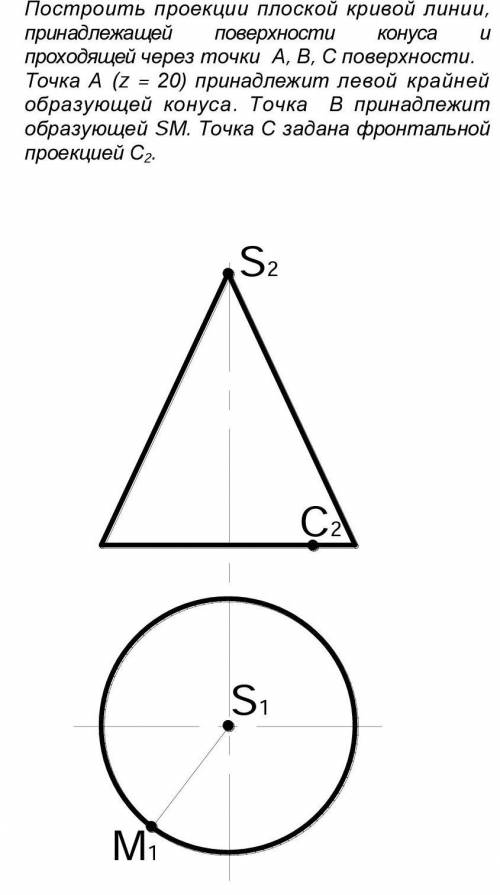 Построить проекции плоской кривой линии, принадлежащей поверхности конуса и проходящей через точки А
