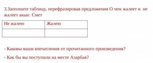 3.Заполните таблицу, перефразировав предложения О чем жалеет и  не жалеет акын  Смет Не жалеюЖалею К