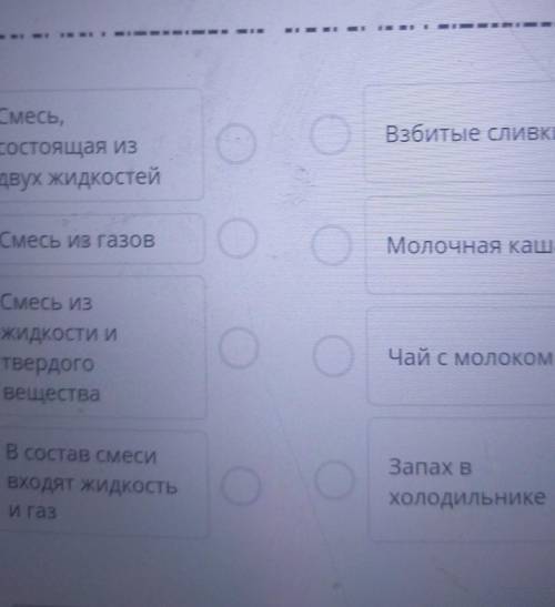 Сопоставь описание смеси с примерами. Взбитые сливкиСмесь,состоящая издвух жидкостейСмесь из газовОМ