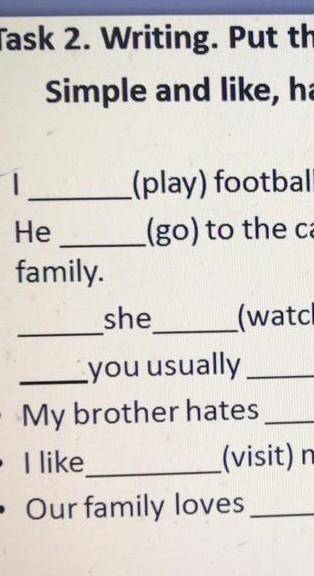 Task 2. Writing. Put the verbs into the Present Simple and like, hate, love V+ing form.(play) footba