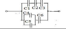 Определить эквивалентную емкость цепи если С1= 14мкФ, С2= 12мкФ, С3= 10мкФ, С4= 8мкФ, С5= 6мкФ, С6=