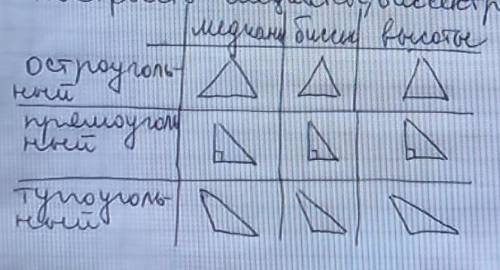 построить построить медианы, биссектрисы, высоты в каждом треугольнике (остроугольном, прямоугольном