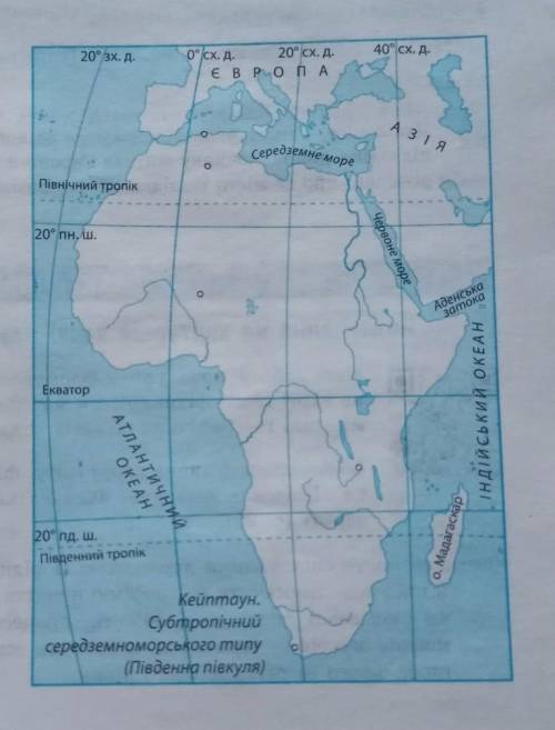 проведіть на картосхемі Африка межі кліматичних поясів материка. Визначте розташування міст (позна