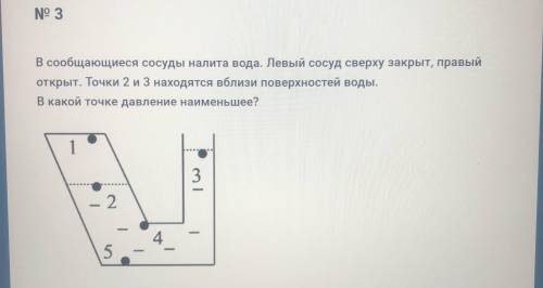 В сообщающиеся сосуды налита вода. Левый сосуд сверху закрыт, правый открыт. Точки 2 и 3 находятся в