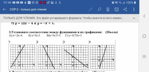 2.Установите соответствие между функциями и их графиками: ( ) А) у=-2х+4. Б) у=3х-3. В)у=5х/3+5. Г)