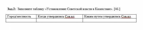 Зад.2: Заполните таблицу «Установление Советской власти в Казахстане». [4б.] Город/местность Когда у