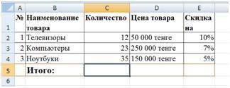 Дана таблица “Покупка товаров”. В ячейку С5 напишите формулу для определения общего количества товар