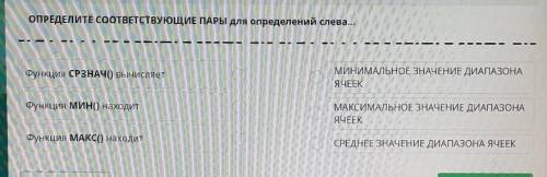 ОПРЕДЕЛИТЕ СООТВЕТСТВУЮЩИЕ ПАРЫ для определений слева... Функция СРЗНАЧ0 вычисляетМИНИМАЛЬНОЕ ЗНАЧЕН