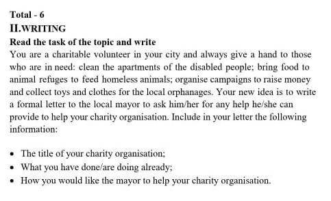 Total - 6 Il. writing Read the task of the topic and write You are a charitable volunteer in your ci