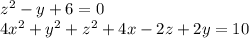 z^{2} -y+6=0\\ 4x^{2} +y^{2} +z^{2} +4x-2z+2y=10