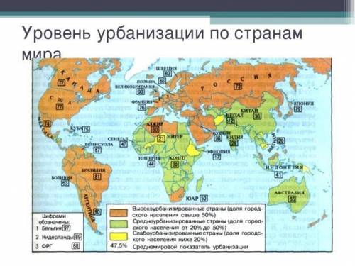 Задание: используя карту «уровень урбанизации по странам мира» определить какие показатели уровня ур