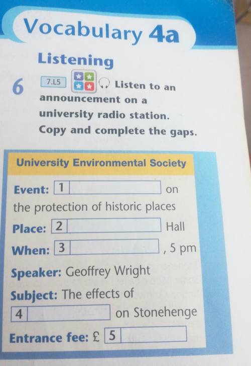 Vocabulary 4a Listening7.156Listen to anannouncement on auniversity radio station.Copy and complete