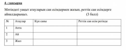 Мәтіндегі уақыт атауларын сан есімдермен жазып, реттік сан есімдерге айналдырыңыз. ( )№ Атаулар Күн