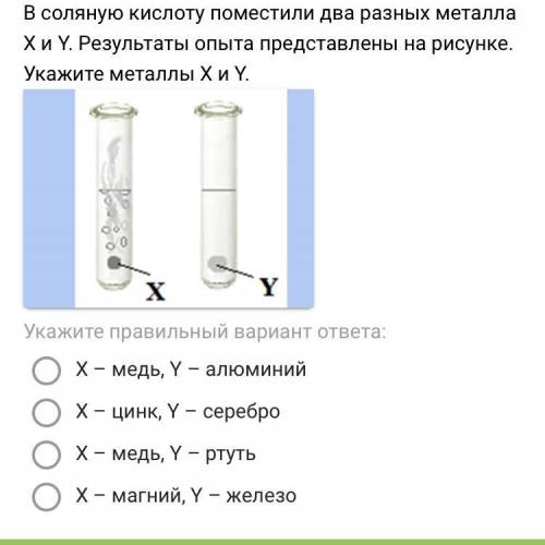 В соляную кислоту поместили два разных металла Х и Y. Результаты опыта представлены на рисунке. Укаж