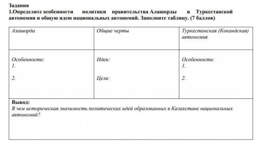 Задания 1.Определите особенности политики правительства Алашорды и Туркестанской автономии и общую и