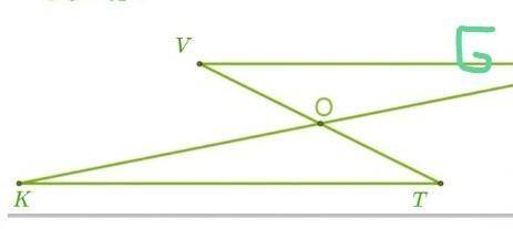 Точка пересечения O — серединная точка для обоих отрезков KG и TV.Найди величину углов ∡K и ∡T в тре
