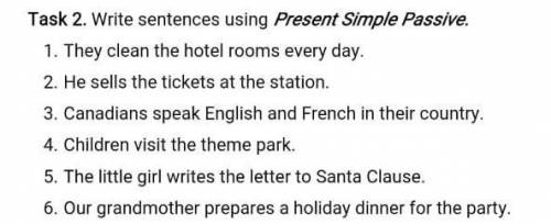 Write sentences using Present Simple Passive. They clean the hotel rooms every day. He sells the tic