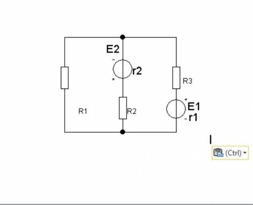 В цепи определить токи в цепях, если Е1=5В; Е2=10В, r1=0,5Ом, r2=1Ом, R1=12Ом, R2=7Ом, R3=3,5Ом, Сос