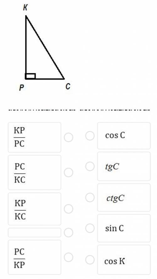 Дан прямоугольный треугольник KPC с прямым углом Р установите соответствие между отношениями сторон