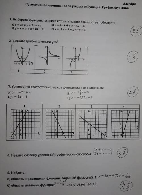 7 класс Установите соответствие между функциями и их графиками: 1)у=-2х+4 2) y=3х-3 3) у= 1 целая 2/