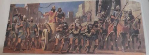 Описание рисунка Возвращение ассирийского царя из похода по плану1)Царская колесница2)Унижение пле