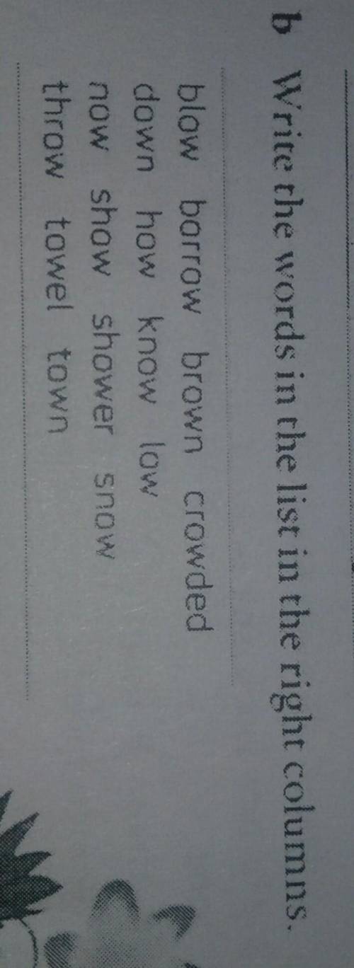 Write the words in the list in the right columns: blow, borrow, brown, crowded,down,how,know,low,now