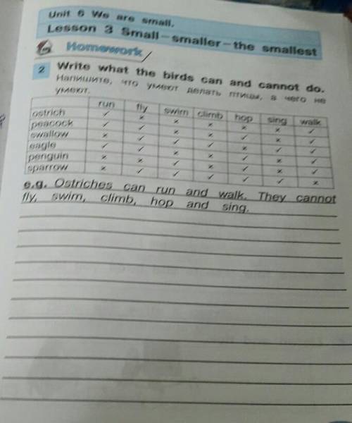 Unit 6 We are small. Lesson 3 Small - smaller-the smallestHomeworkWrite what the birds can and canno