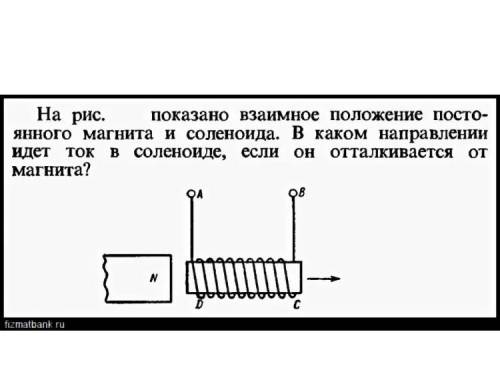 На рис. показано взаимное положние постоянного магнита и соленоида. В каком направлении идет ток в с