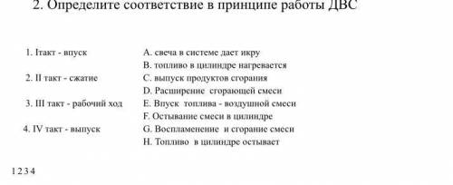 2. Определите соответствие в принципе работы ДВС 1. Iтакт - впуск A. свеча в системе дает икру B. то