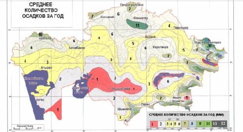 Используя климатичускую карту Казахстана: Определите, как изменяется годовое количество осадков по м