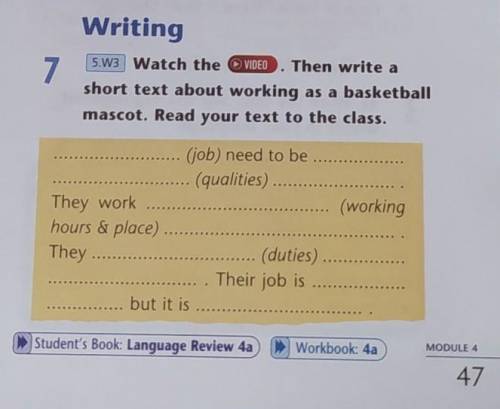 Writing 75.W3 Watch the VIDEO Then write ashort text about working as a basketballmascot. Read your
