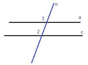 На рисунке угол 1 равен углу 2. 1) Докажите, что прямые а и с параллельны. 2) Запишите полную формул