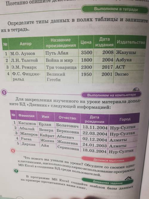 определите тип данных в полях таблицы запишите их в тетрадь. (с68,4 задание) и ещё 5 задание буду оч