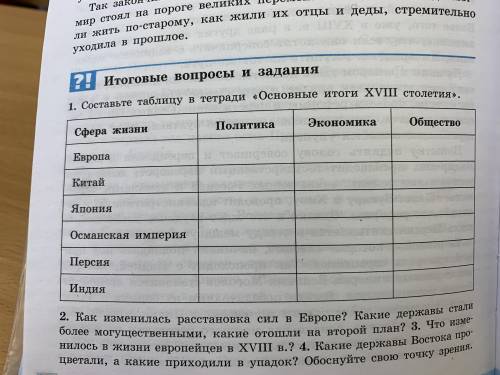 Составьте таблицу в тетради «Основные итоги XVIII столетия»