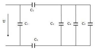Для заданной схемы (рисунок 1.5) определить эквивалентную емкость батареи конденсаторов, заряды и на