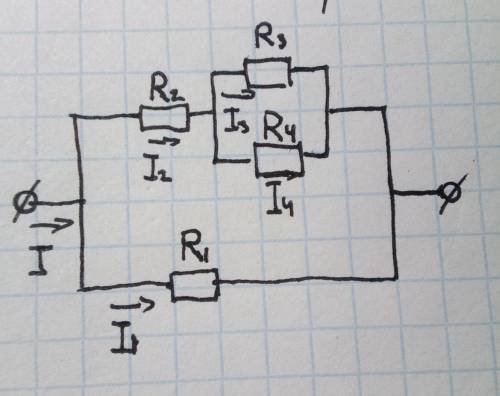 Дана схема электрической цепи постоянного тока со смешанным соединением резисторов R1 R2 R3 R4 к кот