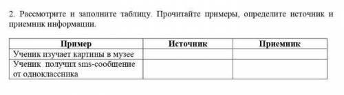 2. Рассмотрите и заполните таблицу. Прочитайте примеры, определите источник и приемник информации.Ис