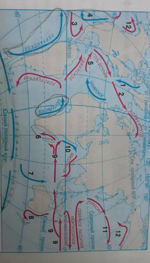 Найдите на карте на рисунке течения: перуанское, бенгельское, Канарское, калифорнийское, Бразильское