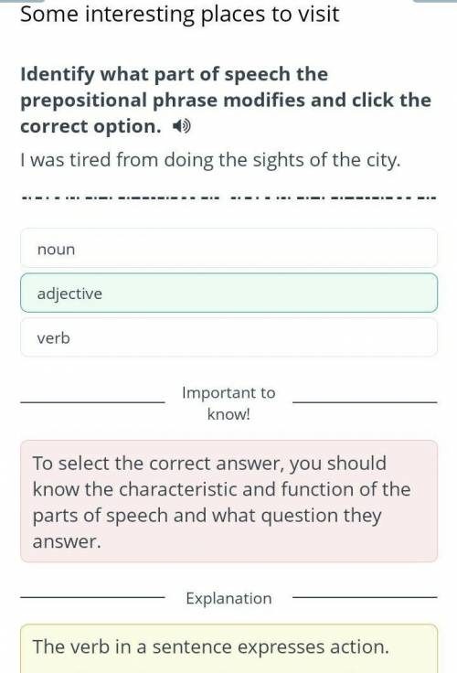 Some interesting places to visit Identify what part of speech the prepositional phrase modifies and