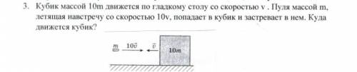 Кубик массой 10m движется по гладкому столу со скоростью v пуля массой m летящая на встречу со скоро