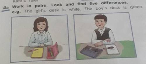 4a Work in pairs. Look and find five differences. e.g. The girl's desk is white. The boy's desk is g