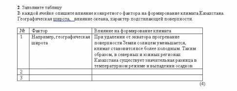 В каждой ячейке опишите влияние конкретного фактора на формирование климата Казахстана. Географическ