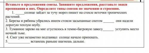 Вставьте в предложения союзы.Запишите предложение,расставьте знаки препинания в них.Определите типы